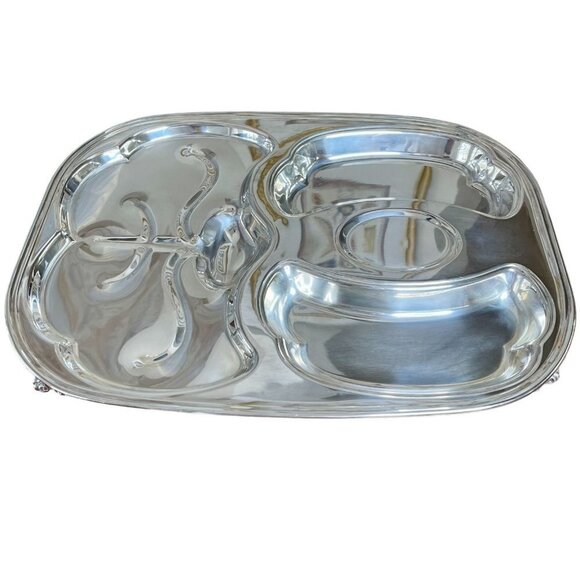 Unbranded Other - Silver Plated Footed Meat Platter Tray With Compartments and Juice Vein Well